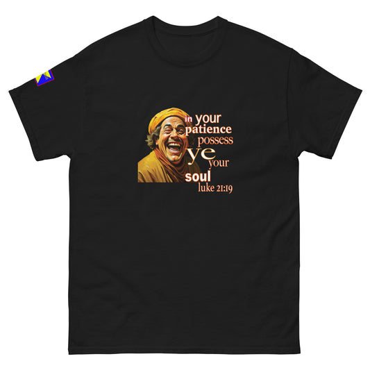 'in you patience possess ye your soul luke 21:19'  over image of man with smiling eyes.
Refulgent Style logo on right sleeve.
Shirt headline and image works with all colour variations available