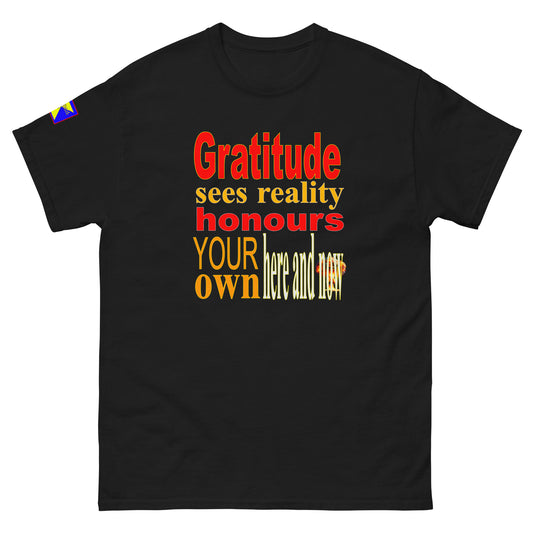 'Gratitude sees reality honours your own here and now' centre placing in red, orange, green, white,
Refulgent Style logo on right sleeve. 
Shirt headline works with all colour variations available