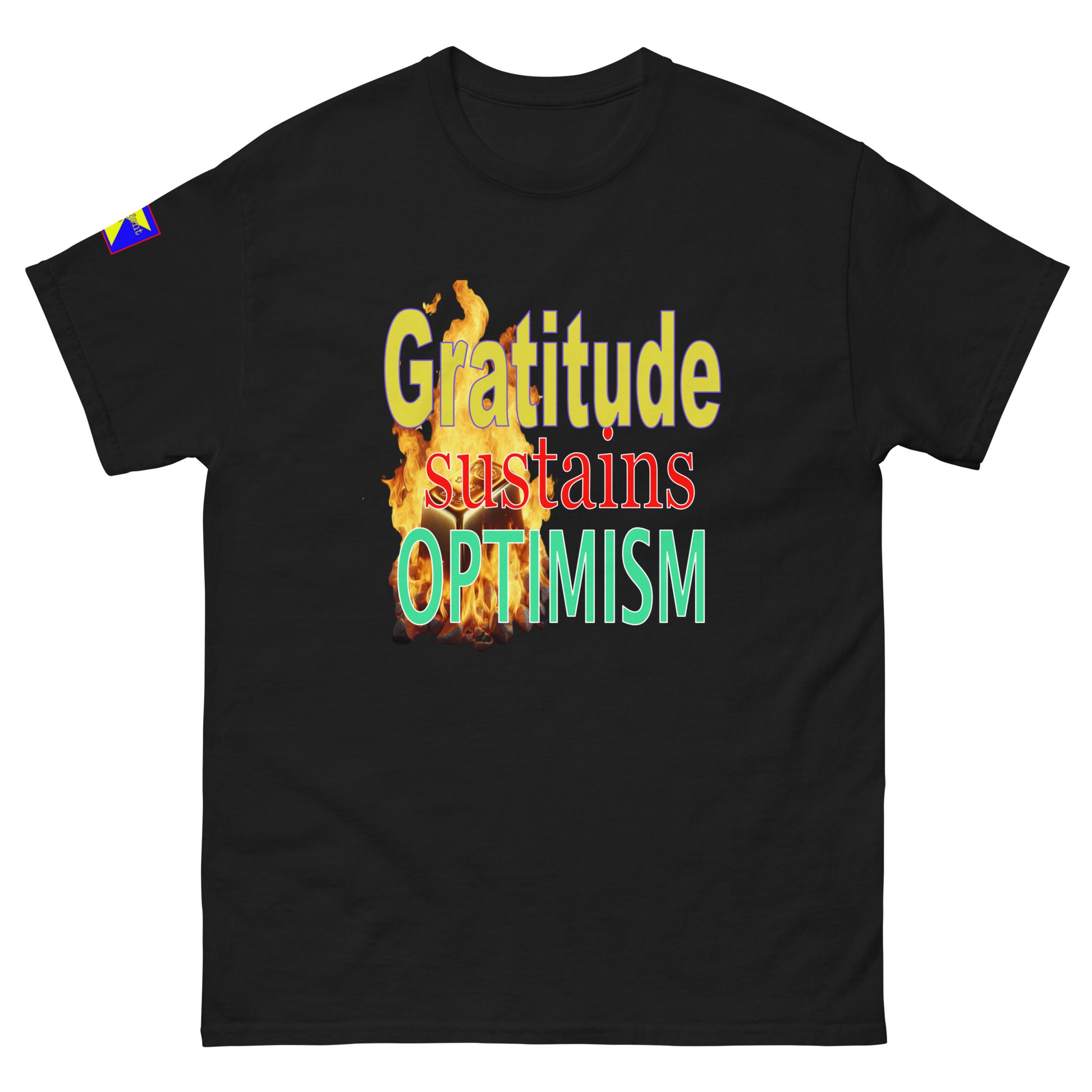 Central front of the shirt features headline: 'Gratitude Sustains Optimism'. "Gratitude' printed in yellow
'Sustains' printed in red 'Optimism' in green. Behind the headline is a gold ingot surrounded by flames. 
Refulgent Style logo on right sleeve
Shirt headline and image works with all colour variants.